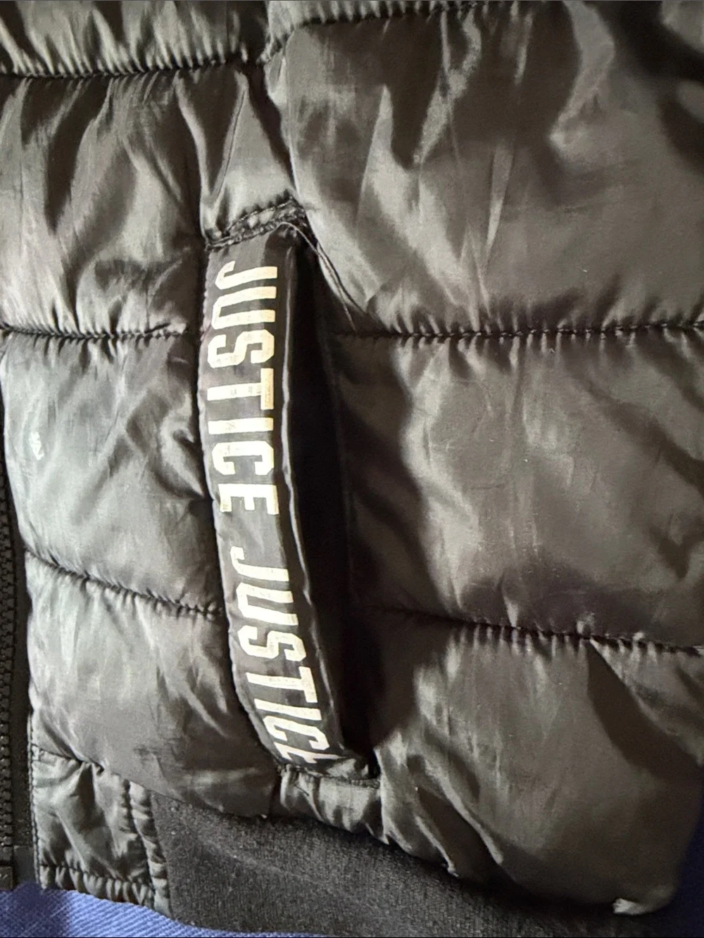 Justice Black Quilted Hooded Zip Jacket with Logo Pocket Trim